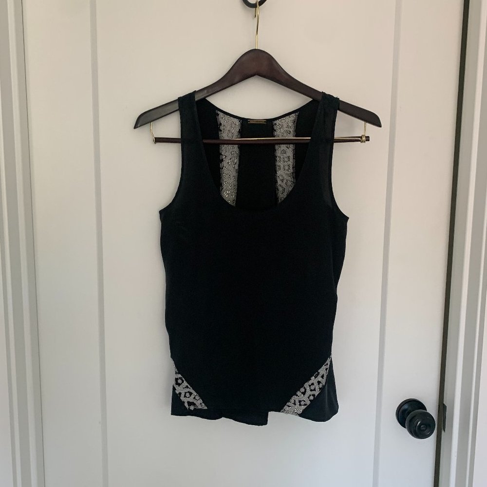 REBECCA MINKOFF Women's Black Silk & White Lace Blouse